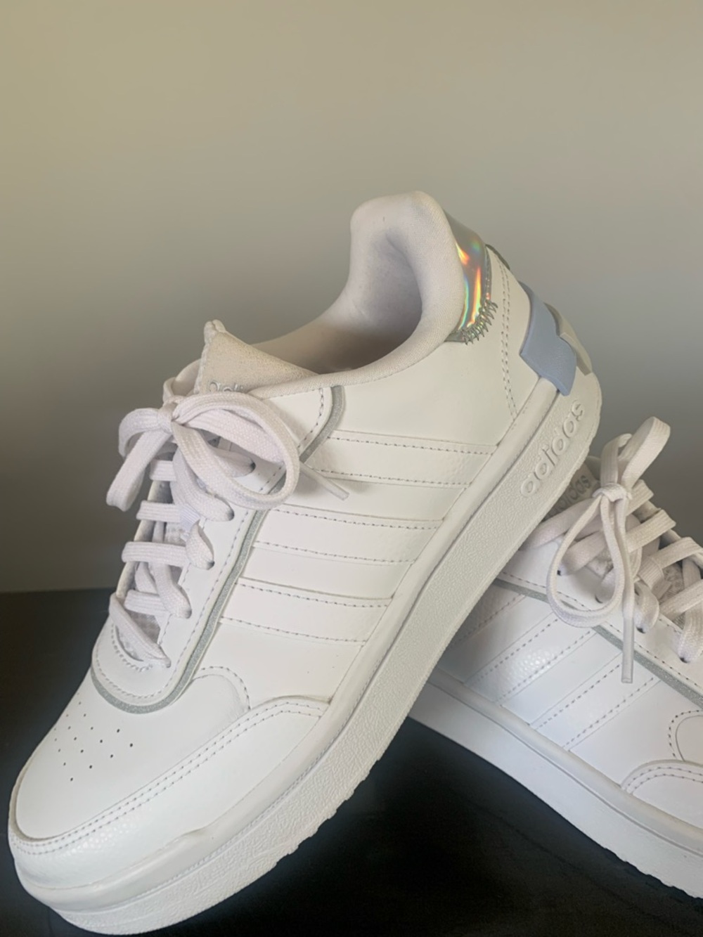 adidas Women's Postmove SE White Sneakers with blue and Iridescent Heel Accents - Picture 11 of 14